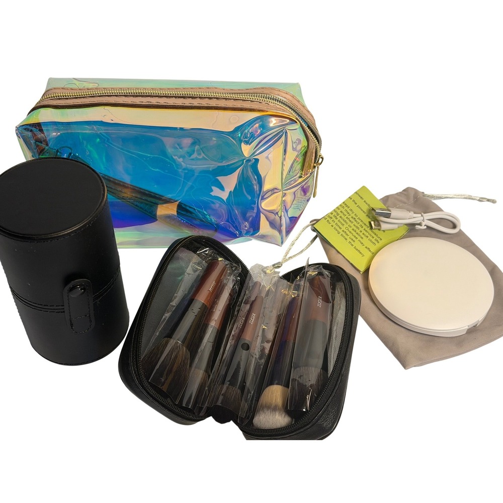 JIEZIER Makeup Brush Set LED‎ Compact Mirror Holographic Travel Bag Beauty Kit